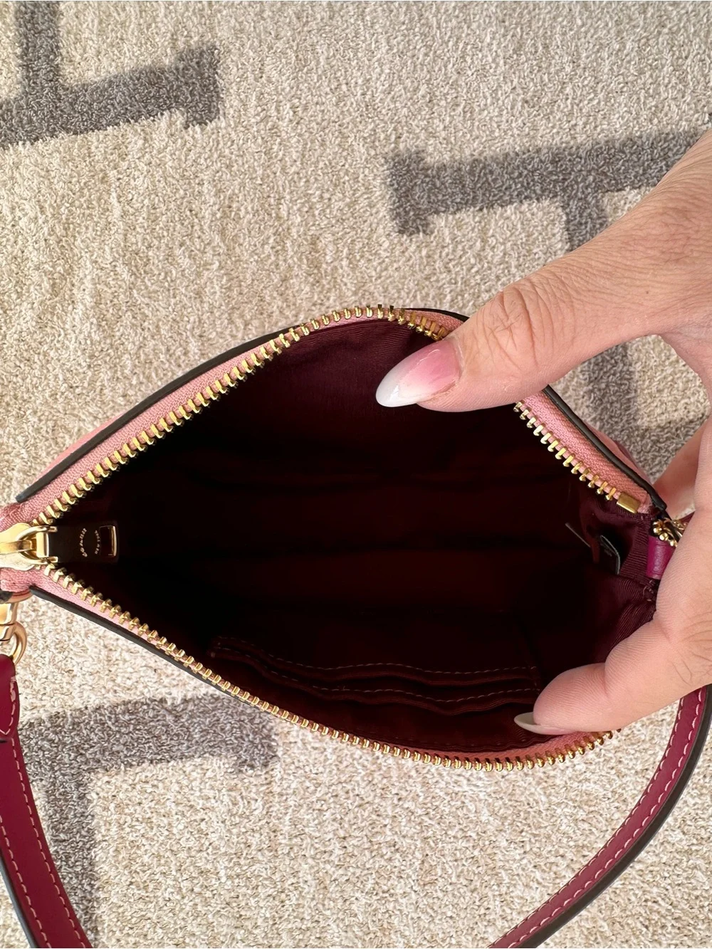 Coach Pink Cherry Print Leather Crossbody Wallet with Gold Hardware